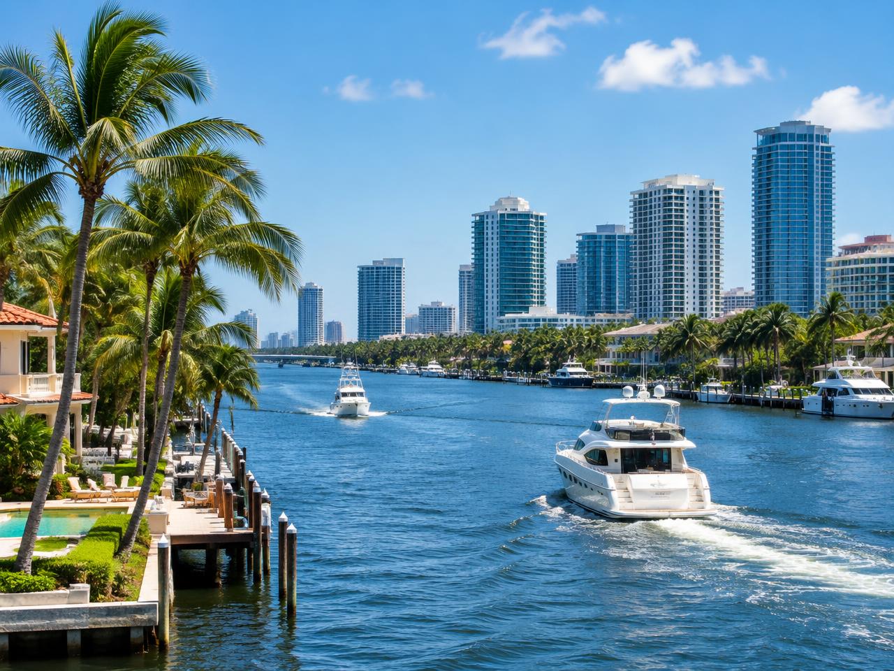 Fort Lauderdale Intracoastal waterway with boats and the skyline