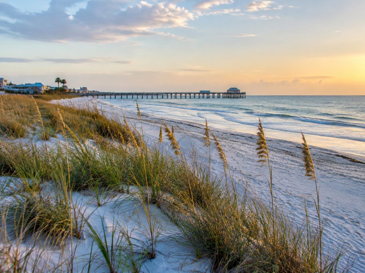 Treasure Coast beach with sea oats and a pier at sunrise